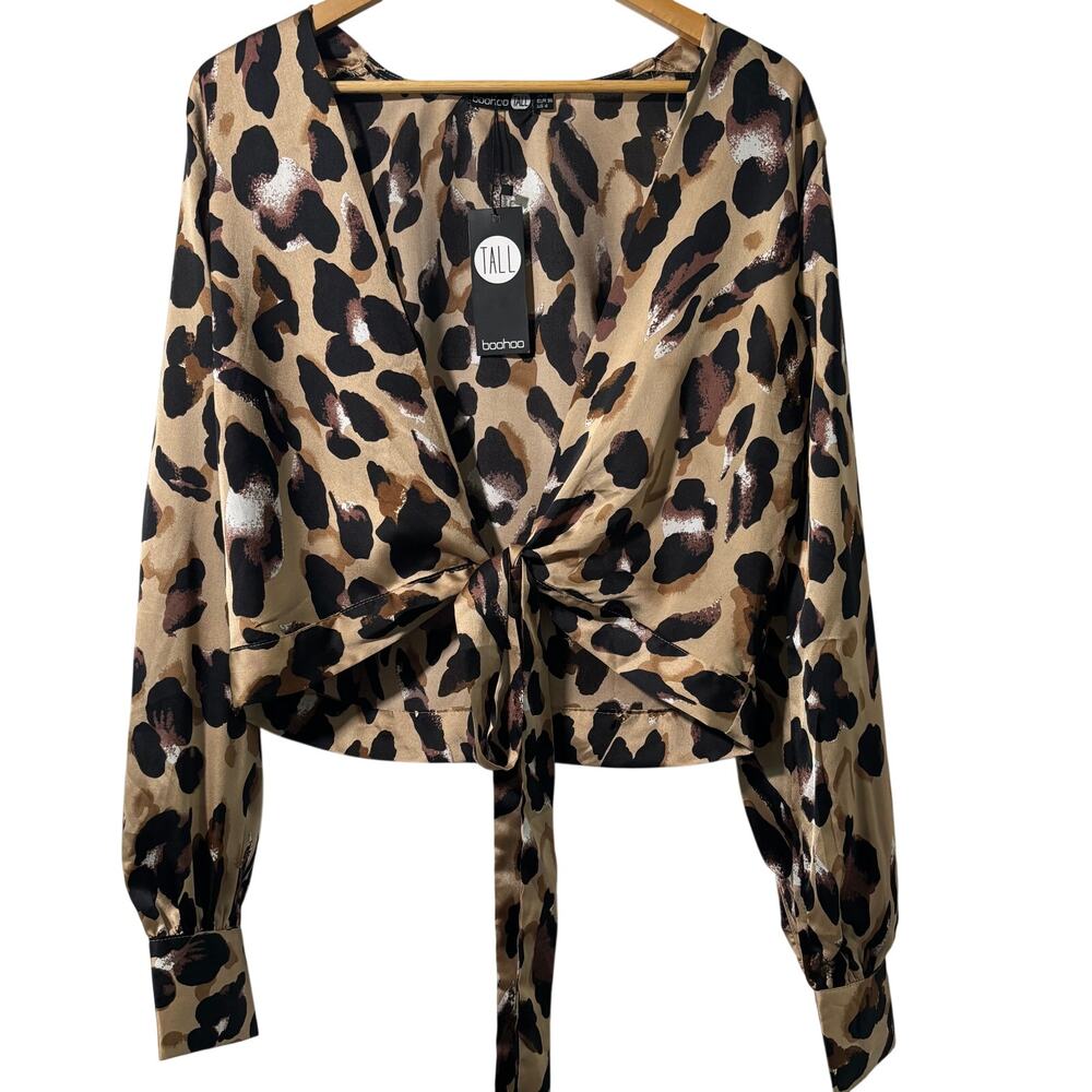 Boohoo Tall Satin Leopard Print Wrap Top – Size 4